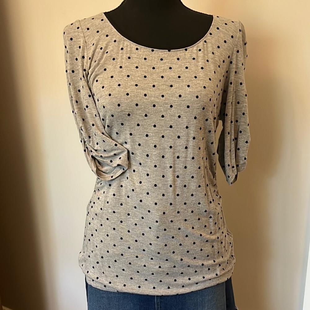 White House Black Market Taupe Top with Black Dots